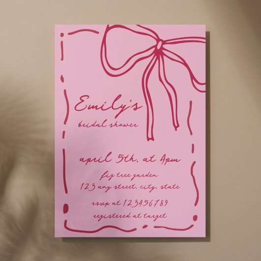 Bow Quirky Hand Drawn Red Pink Bridal Shower 招待状