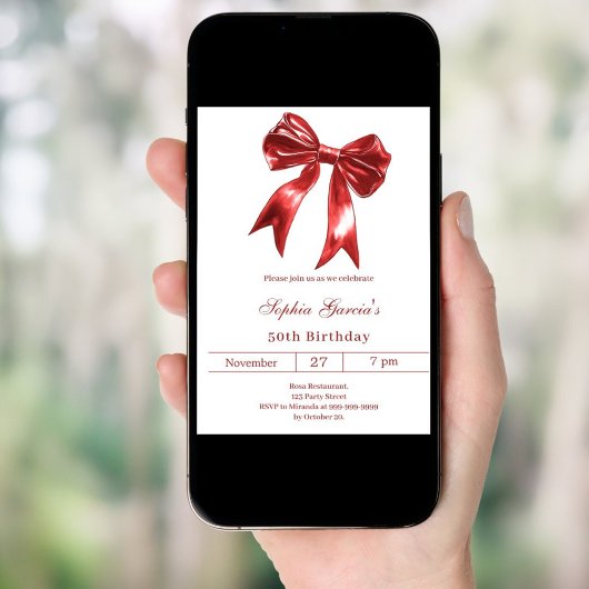 Bow red white birthday 招待状