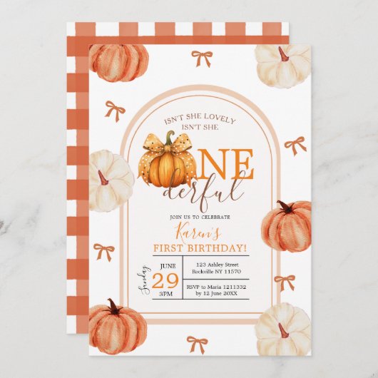 Bow Ribbon Isn't She Onederful Pumpkin Gingham 招待状 (正面/裏面)