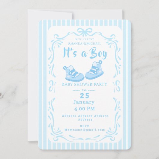 Bow Ribbon Its a Boyベビー 招待状 (正面)