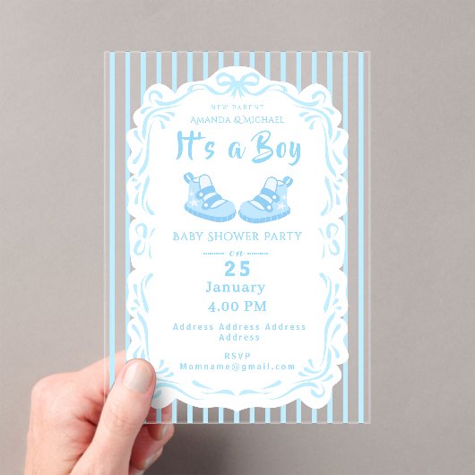 Bow Ribbon Its a Boy Baby Shoe Blue Invitation アクリル招待状 (インサイチュ (ポータブル))