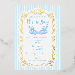 Bow Ribbon Its a Boy Baby Shoe Blue Invitation 箔シーズンカード
