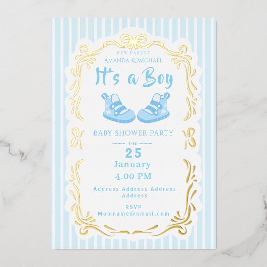 Bow Ribbon Its a Boy Baby Shoe Blue Invitation 箔シーズンカード (正面)