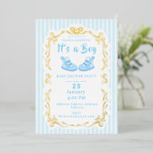 Bow Ribbon Its a Boy Baby Shoe Blue Invitation 箔シーズンカード (立ち正面)