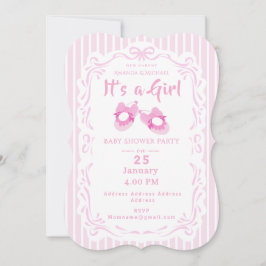 Bow Ribbon Its a Girlベビーシューピンク 招待状