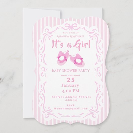 Bow Ribbon Its a Girlベビーシューピンク 招待状 (正面)