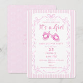 Bow Ribbon Its a Girlベビー靴 招待状 (正面/裏面)