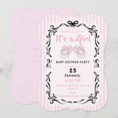 Bow Ribbon Its a Girl Baby Shoe Black Pink 招待状 (正面/裏面)