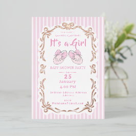 Bow Ribbon Its a Girl Baby Shoe Pink Invitation 箔シーズンカード