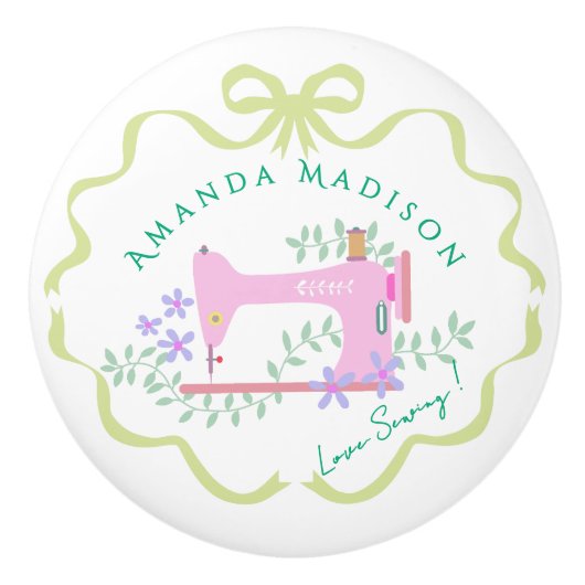 Bow Ribbon Sewing Green White セラミックノブ (正面)