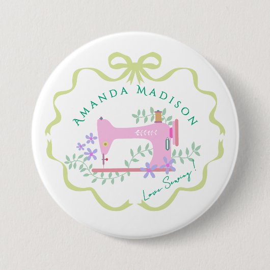 Bow Ribbon Sewing Green White 缶バッジ (正面)