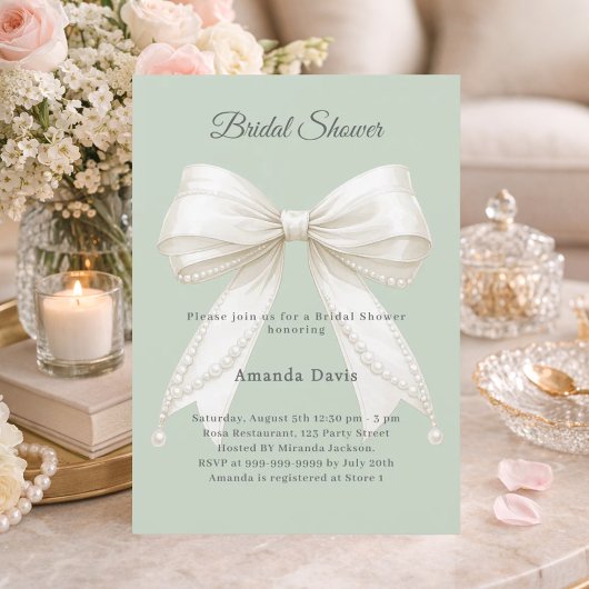 Bow sage green ivory pearls Bridal Shower 招待状
