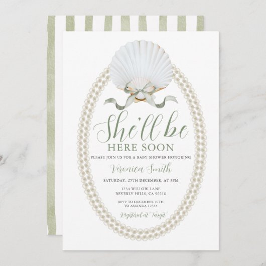 Bow She'll Be Here Soon Sea Shell Cute Baby Shower 招待状 (正面/裏面)