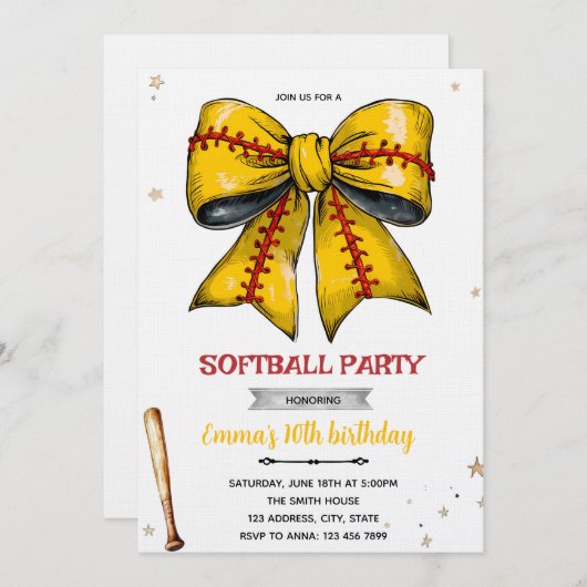 Bow softball party invitation 招待状 (正面/裏面)