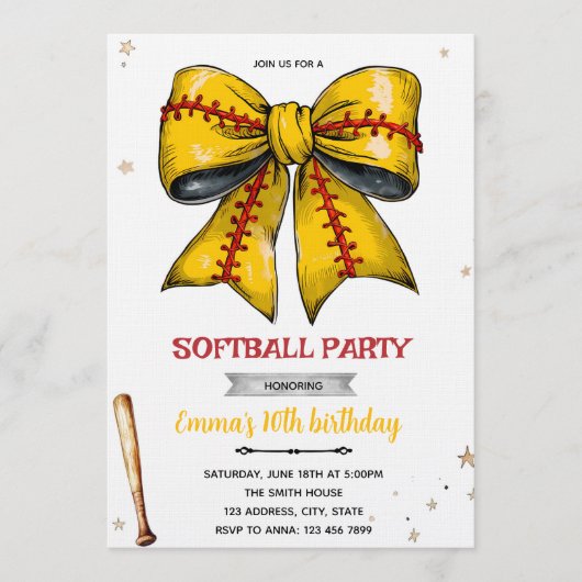 Bow softball party invitation 招待状 (正面)