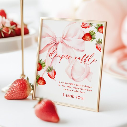 Bow Strawberry Baby Shower Diaper Raffle Sign ポスター