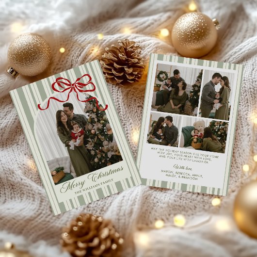 Bow Stripe Family Photo Christmas Holiday Card シーズンカード