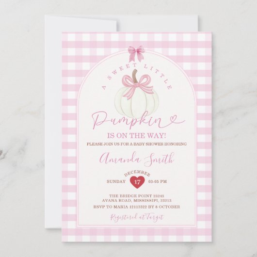 Bow Sweet Little Pumpkin Pink Gingham Baby Shower 招待状 (正面)