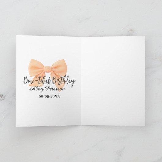 Bow-tiful birthday orange bow name date simple pas カード (内部)