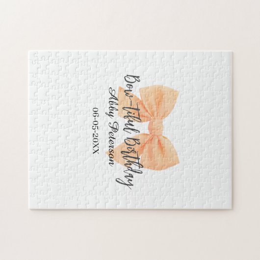 Bow-tiful birthday orange bow name date simple pas ジグソーパズル (横)