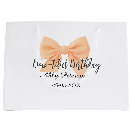 Bow-tiful birthday orange bow name date simple pas ラージペーパーバッグ (正面)