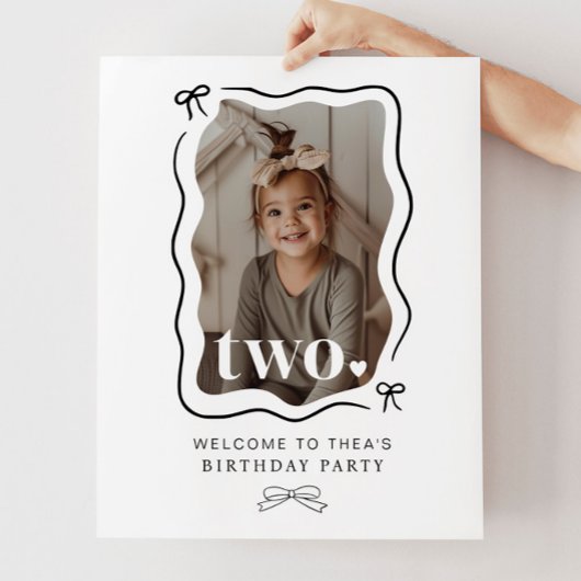 Bow Wavy 縁ど Photo 2nd Birthday Welcome Sign ポスター