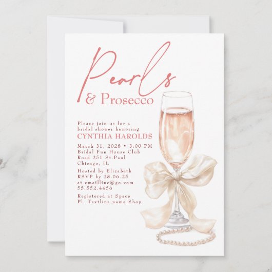 Bow White Pearls & Prosecco Rosé Bridal Shower 招待状 (正面)