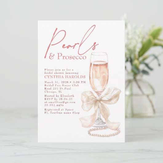 Bow White Pearls & Prosecco Rosé Bridal Shower 招待状 (スタンド正面)