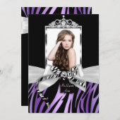 Bow & Zebraプリント紫ブラックフォトキンセアニェラ 招待状 (正面/裏面)