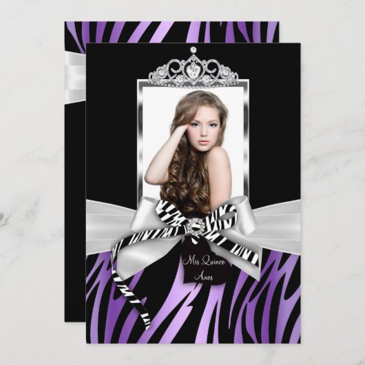 Bow & Zebraプリント紫ブラックフォトキンセアニェラ 招待状 (正面/裏面)