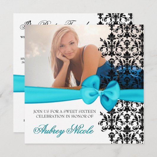 Bowed Damaskアクセント付き招待状[ティール（緑がかった色）] 招待状 (正面/裏面)