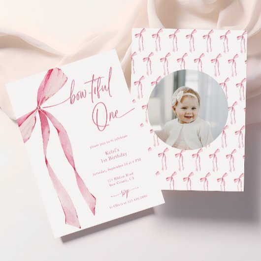Bowiful One Waterカラーピンク写真1歳の誕生日 招待状