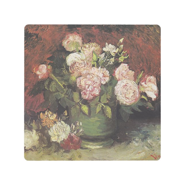 Bowl with牡丹とバラby Vincent van ゴッホ メタルプリント (正面)