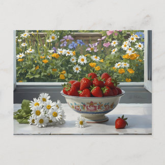 Bowl with Fresh Strawberries and Daisy Flowers  ポストカード
