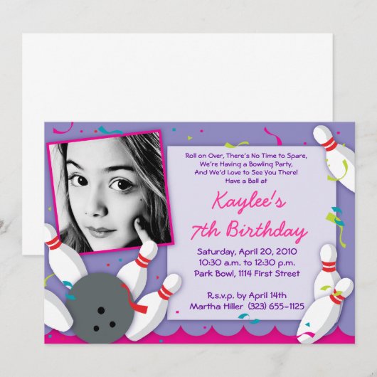 "Bowled Over"パーティの招待状 – 女子 招待状 (正面/裏面)