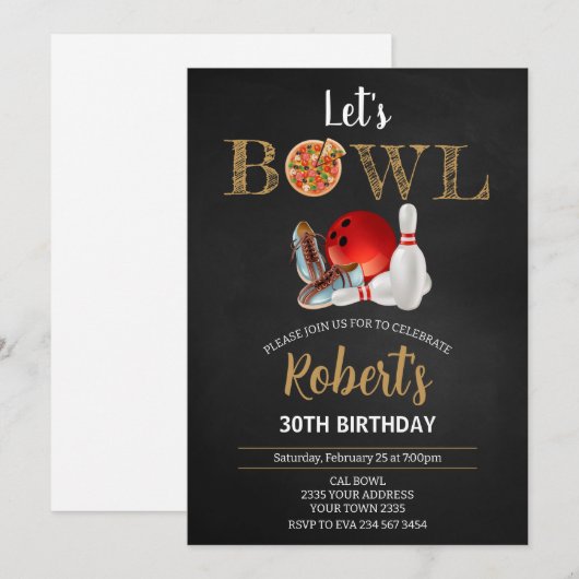 Bowling and Pizza Theme Birthday Party 招待状 (正面/裏面)