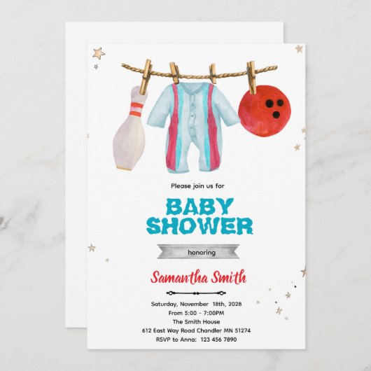 Bowling baby shower party invitation 招待状 (正面/裏面)