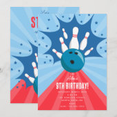 Bowling Ball Strike Up Some Fun Blue Red Birthday  招待状 (正面/裏面)