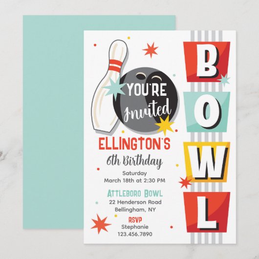 Bowling Birthday Party Retro 招待状 (正面/裏面)