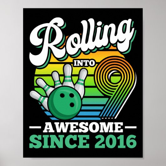 Bowling Birthday Party Rolling Into 9 Years Boy 9t ポスター (正面)