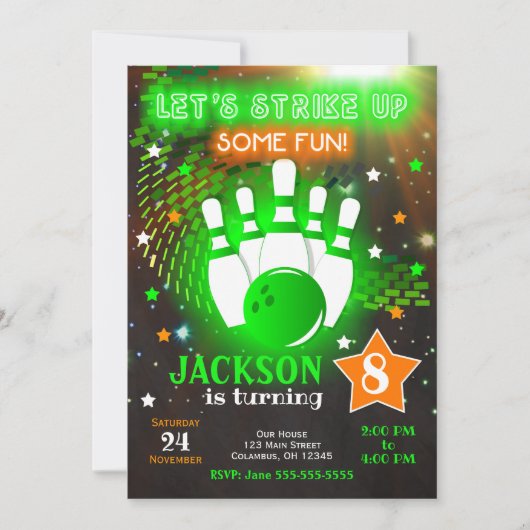 Bowling Invitation Glow Neon Boy Bowling Birthday 招待状 (正面)