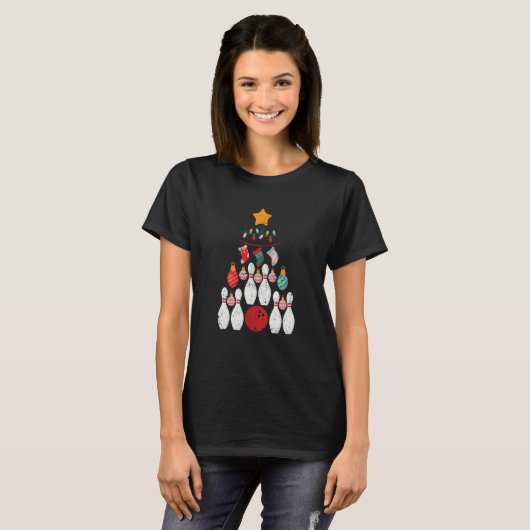 Bowling Player Christmas Tree Lights Xmas Ball Bow Tシャツ (正面フル)