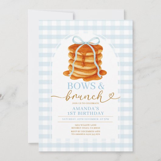 Bows and Brunch Pancake Blue 1st Birthday Ingham 招待状 (正面)