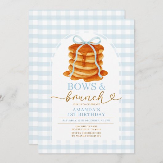 Bows and Brunch Pancake Blue 1st Birthday Ingham 招待状 (正面/裏面)