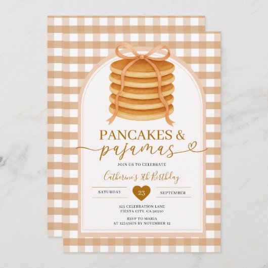 Bows and Brunch Pancake Brown 1st Birthday Gingham 招待状 (正面/裏面)