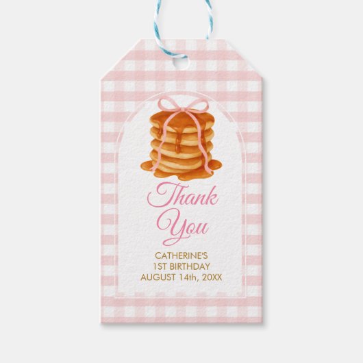 Bows and Brunch Pancake Pink 1st Birthday Gingham ギフトタグ (正面)