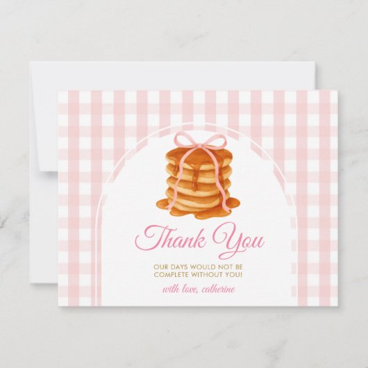 Bows and Brunch Pancake Pink 1st Birthday Gingham サンキューカード (正面)