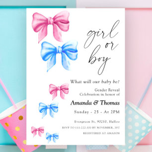 Bows Gender Reveal、GirlまたはBoy 招待状