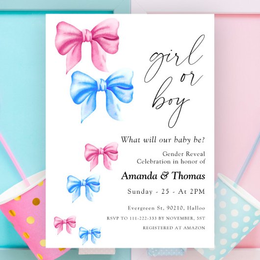 Bows Gender Reveal、GirlまたはBoy 招待状