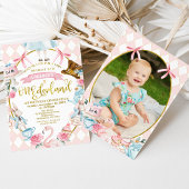 Bows Pink Photo Alice Onederland 1st Birthday 招待状